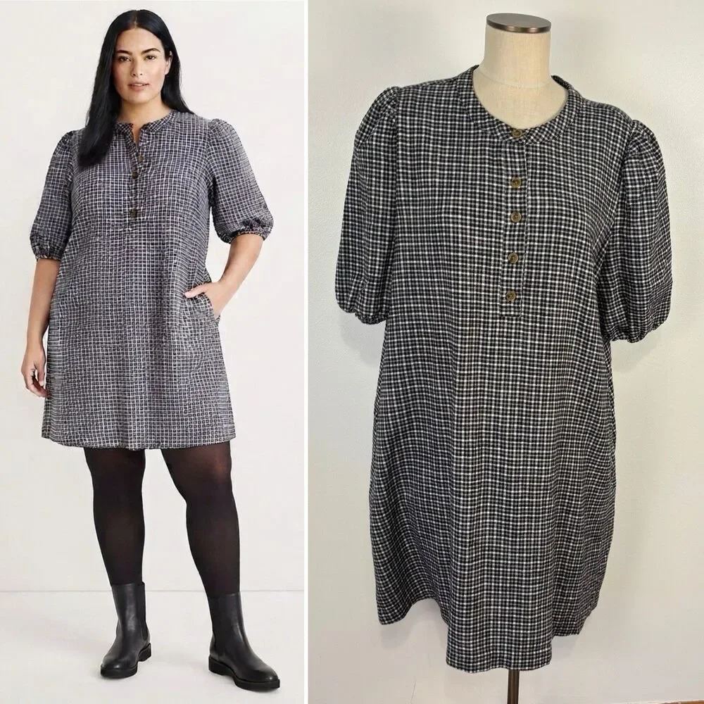 J Crew Popover Dress Brushed Flannel Black Gray Check Pockets Women’s XL BB524